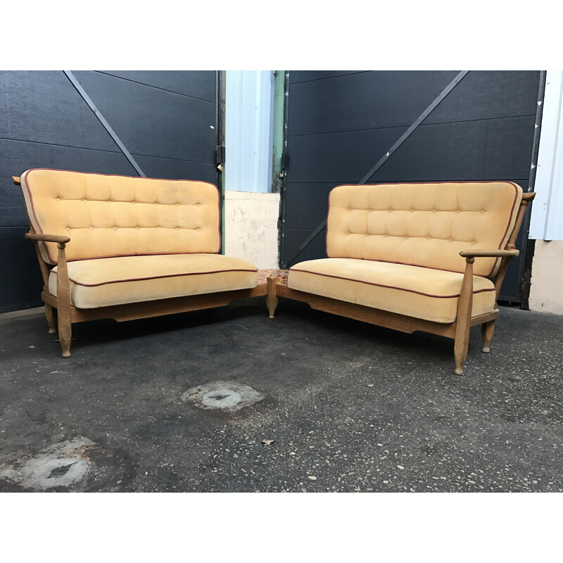 Double sofa in oak wood and beige fabric, GUILLERME & CHAMBRON - 1960s