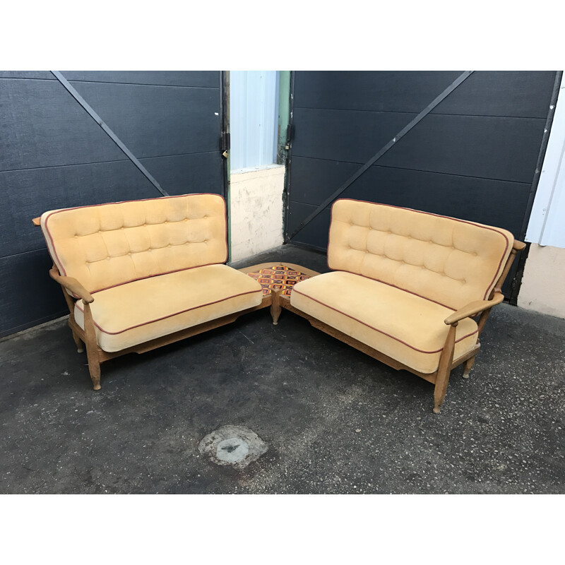 Double sofa in oak wood and beige fabric, GUILLERME & CHAMBRON - 1960s