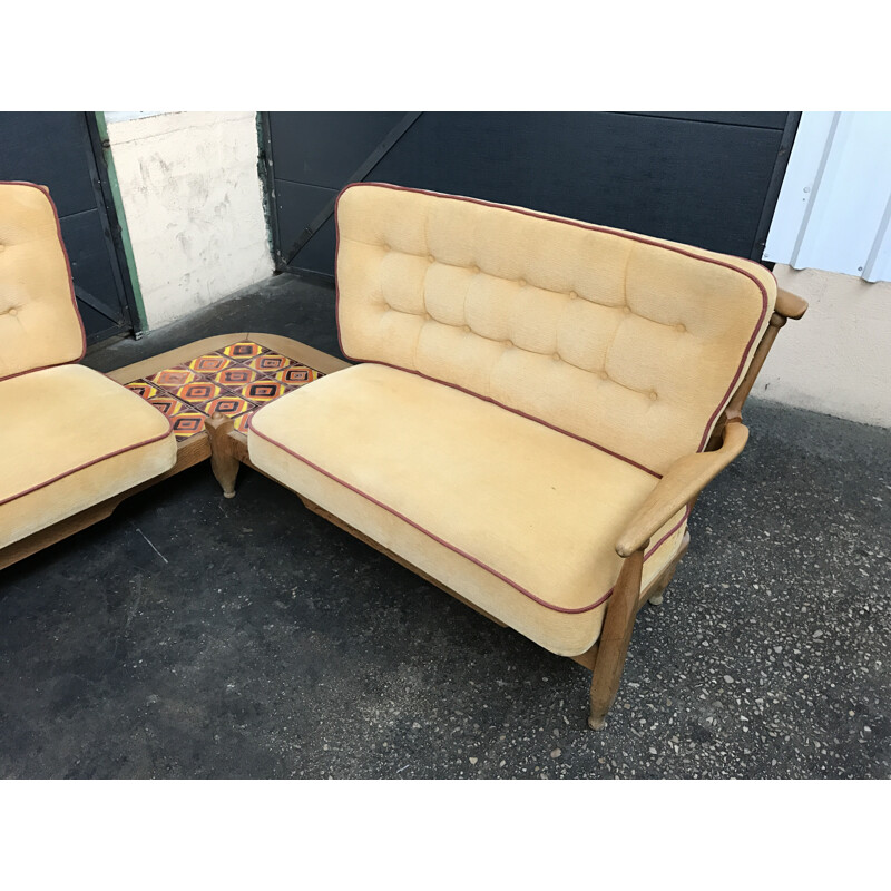 Double sofa in oak wood and beige fabric, GUILLERME & CHAMBRON - 1960s