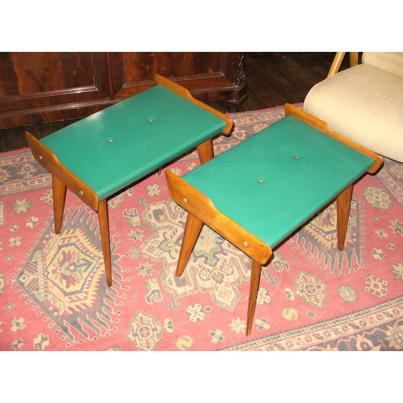 Pair of Italian stools in maple and green leatherette - 1950s