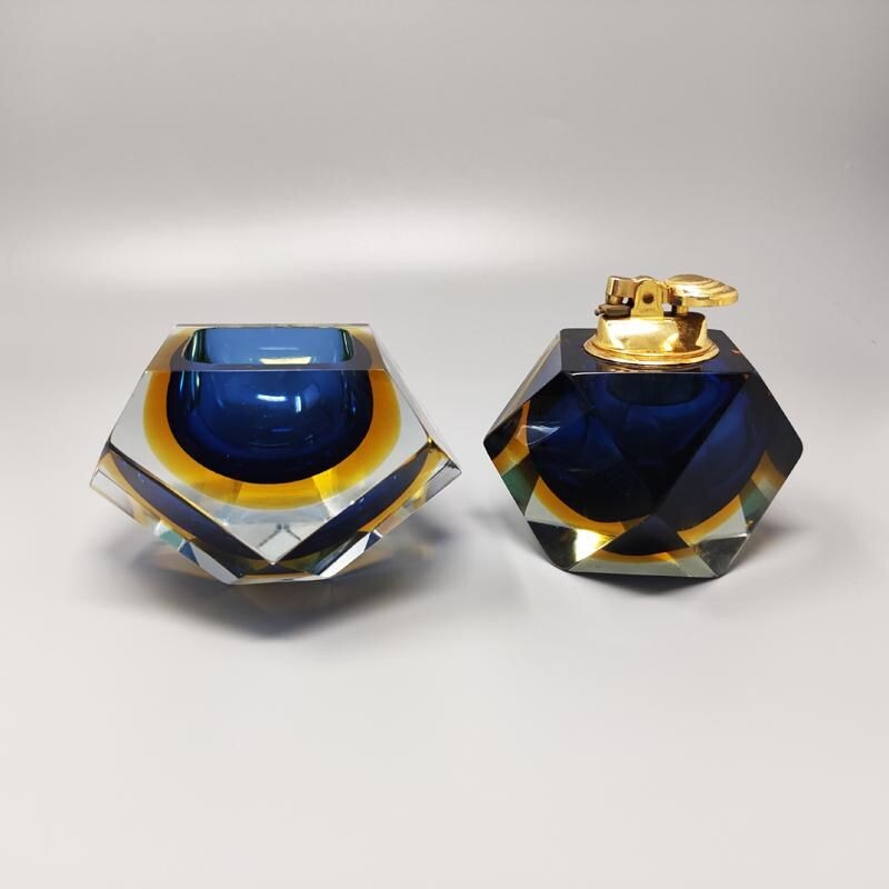 Vintage blue and yellow smoking set by Flavio Poli for Seguso, Italy 1960s