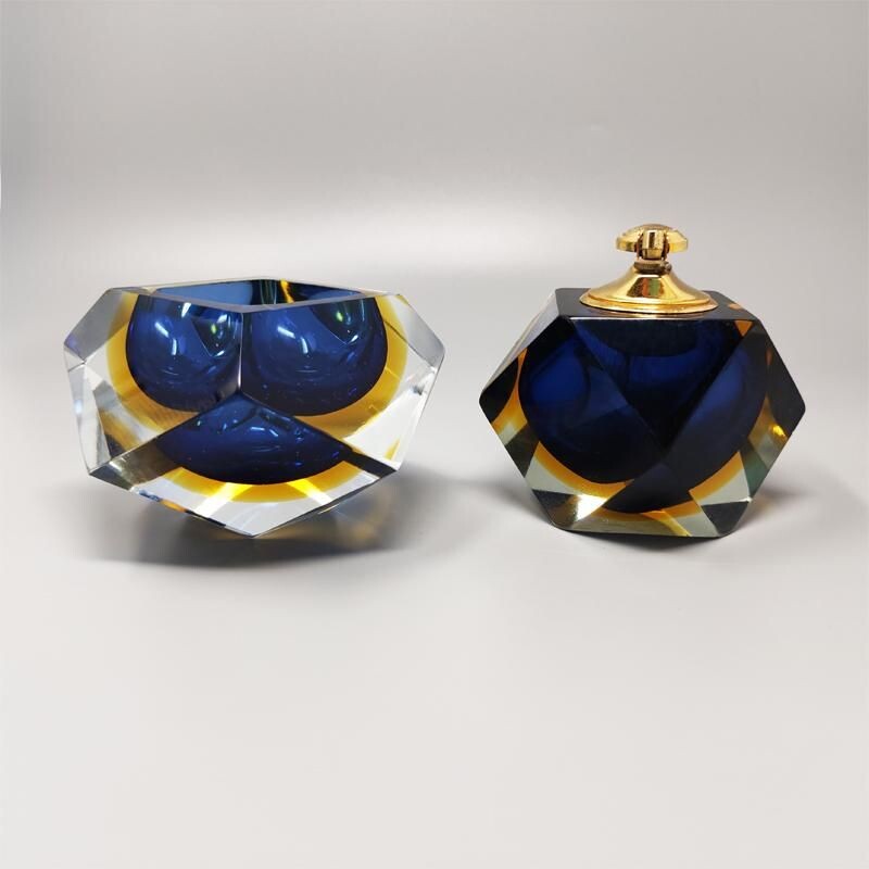 Vintage blue and yellow smoking set by Flavio Poli for Seguso, Italy 1960s