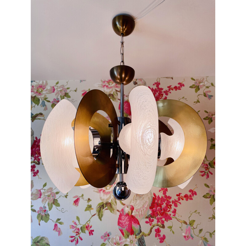 Vintage brass and glass mazzega hanging lamp by Gaetano Sciolari