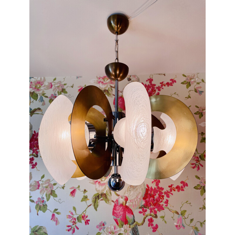 Vintage mazzega hanglamp van Gaetano Sciolari uit messing en glas.