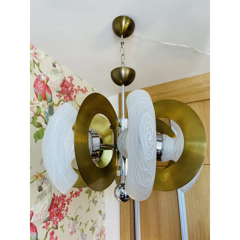 Vintage brass and glass mazzega hanging lamp by Gaetano Sciolari