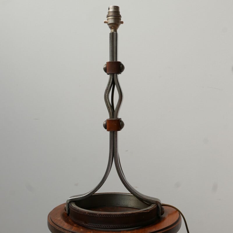 Lampe de table vintage en cuir et fer par Jean-Pierre Ryckaert, France 1950