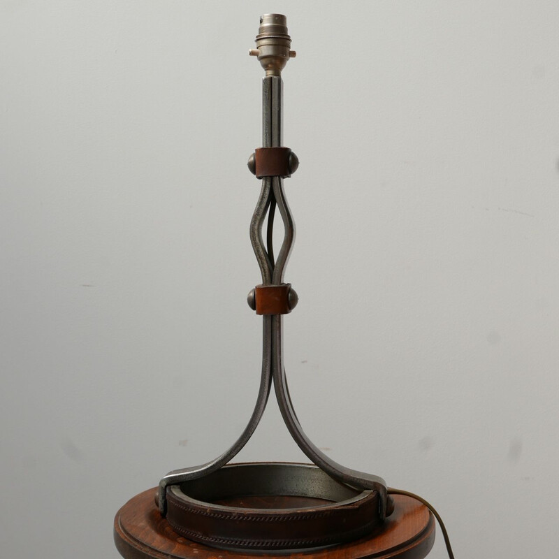 Mid-century leather and iron table lamp by Jean-Pierre Ryckaert, France 1950s