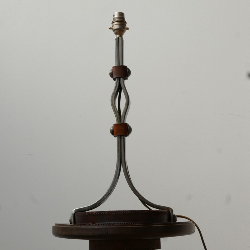 Mid-century leather and iron table lamp by Jean-Pierre Ryckaert, France 1950s