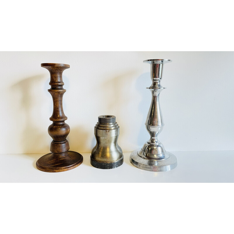 Set of 3 vintage wood and metal candlesticks
