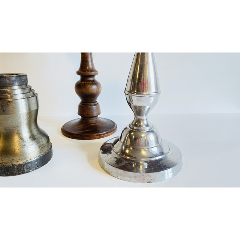 Set of 3 vintage wood and metal candlesticks