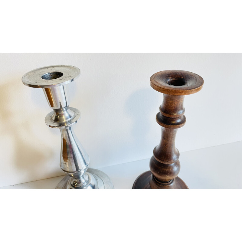 Set of 3 vintage wood and metal candlesticks