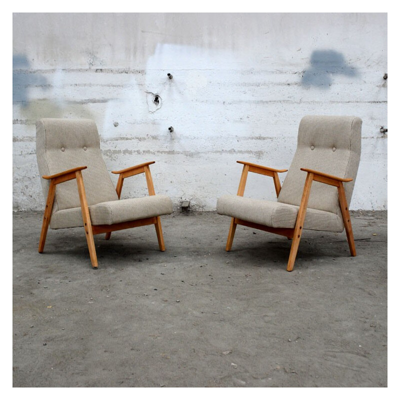 Armchair in grey linen and wood - 1960s