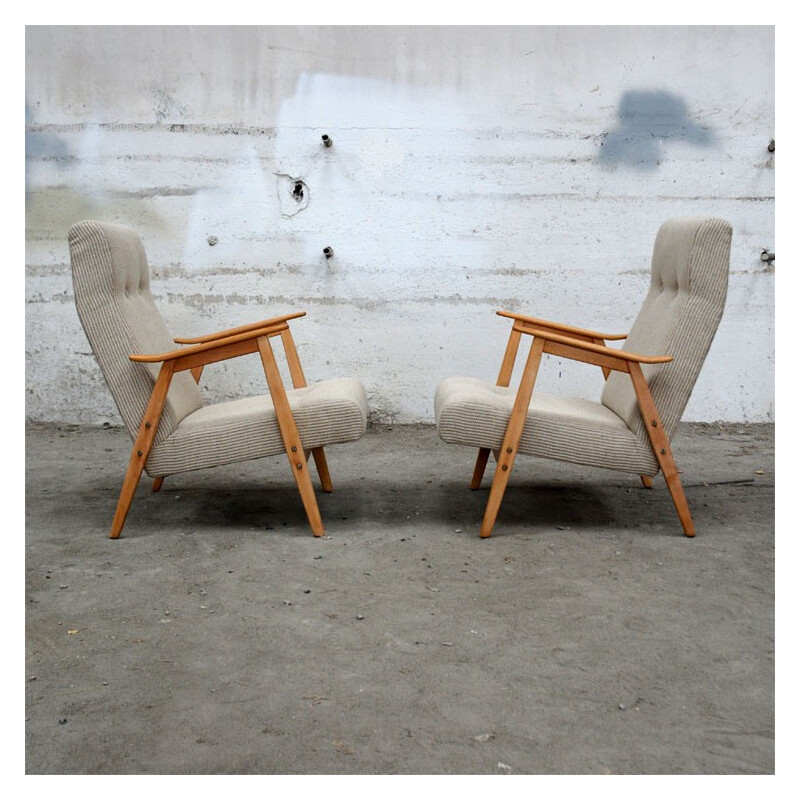 Armchair in grey linen and wood - 1960s