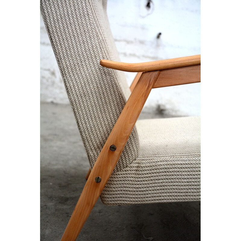 Armchair in grey linen and wood - 1960s