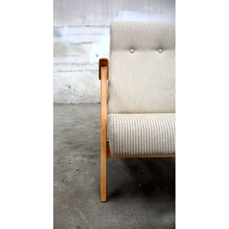 Fauteuil en lin gris et bois - 1960