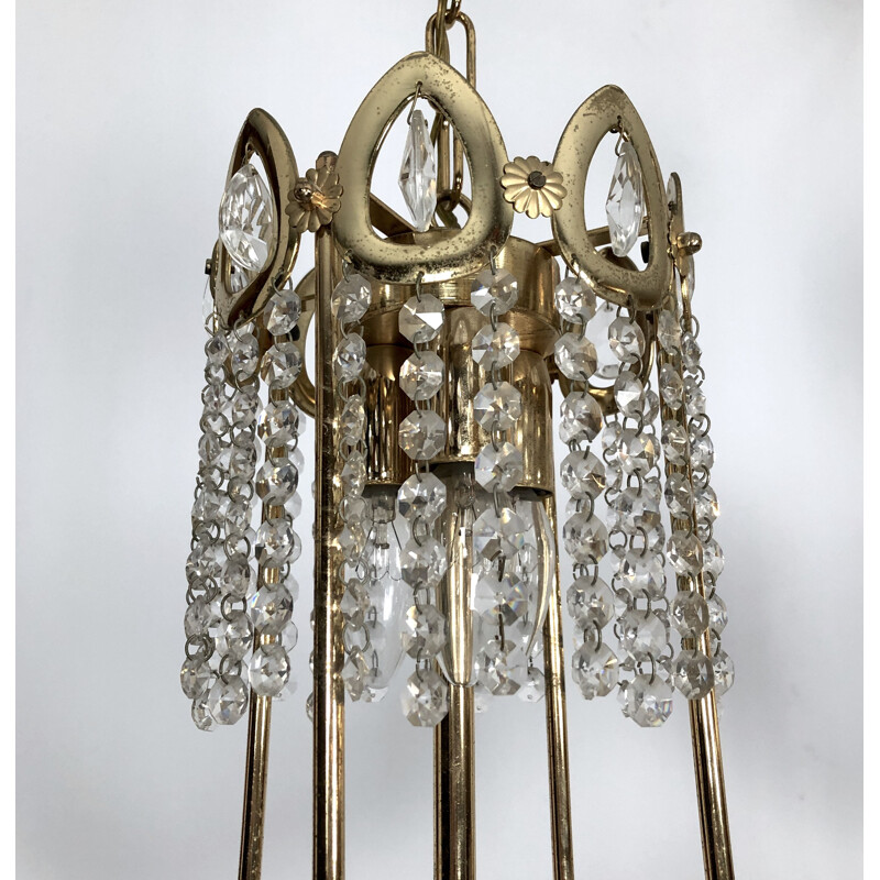 Pair of vintage gilded brass and crystal chandeliers by Sciolari, Italy 1970