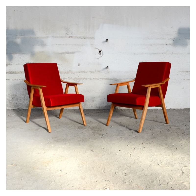 Armchair in red fabric and wood - 1960s