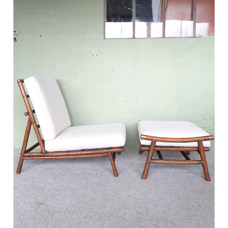 Vintage bamboo armchair and its ottoman