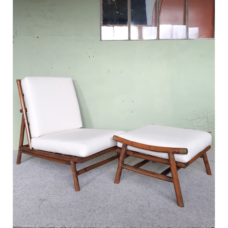 Vintage bamboo armchair and its ottoman