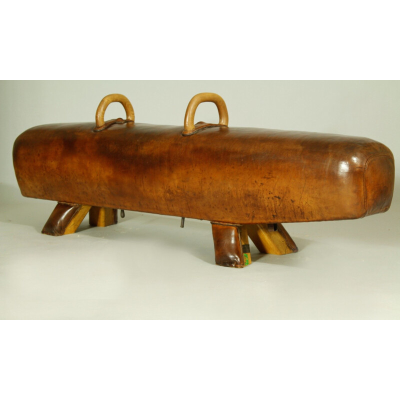 Vintage leather bench with handles, 1930s