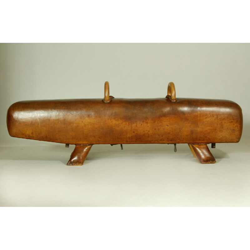Vintage leather bench with handles, 1930s