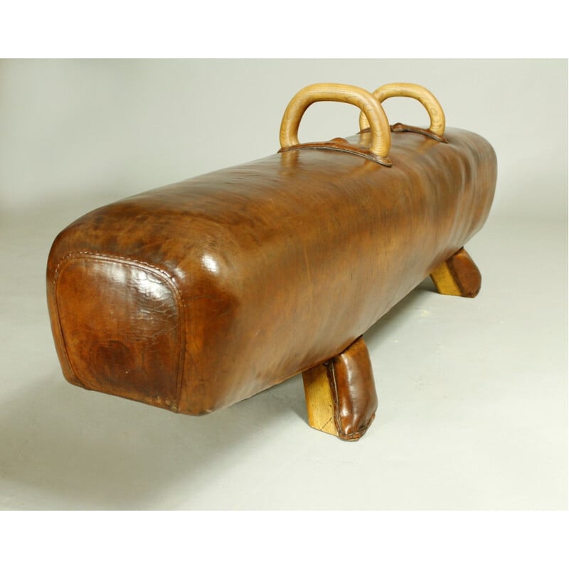 Vintage leather bench with handles, 1930s