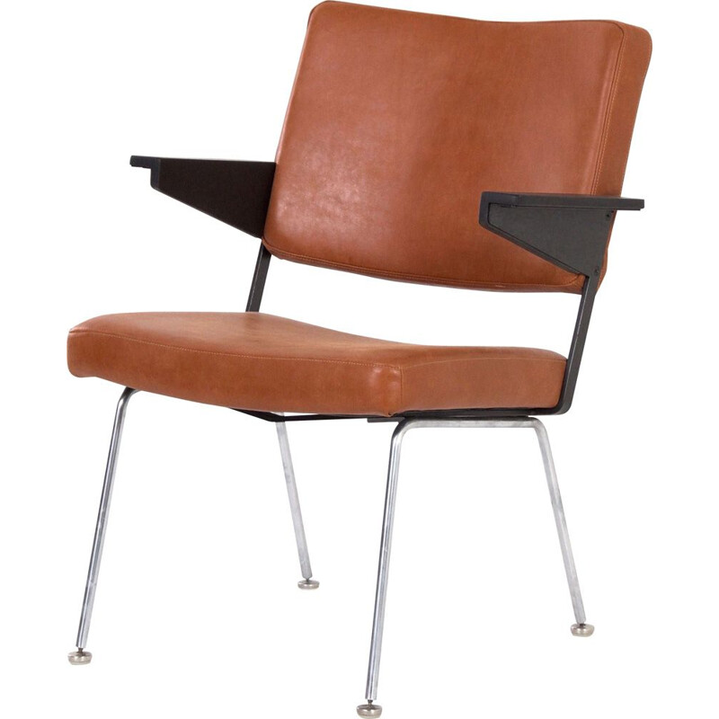 Vintage 1445 brown leather and ashwood armchair by Andre Cordemeyer for Gispen, 1960s