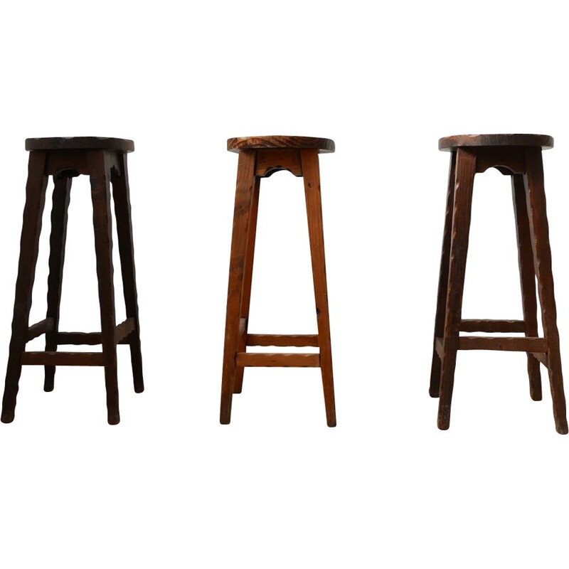 Set of 3 vintage brutalist French wooden bar stools, 1970s