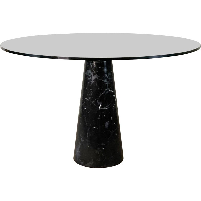 Table vintage à pieds en marbre noir et plateau en verre par Angelo Mangiarotti, Italie 1970