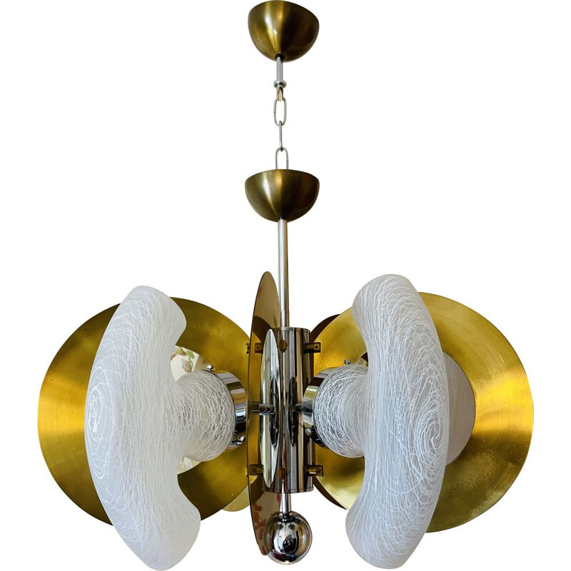Vintage brass and glass mazzega hanging lamp by Gaetano Sciolari