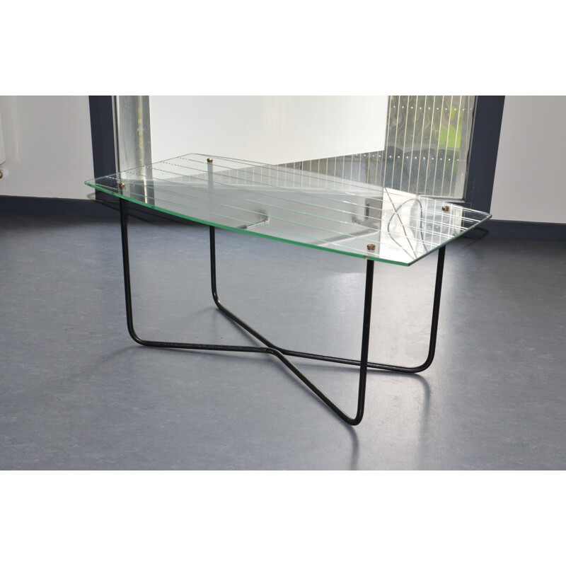 Table basse vintage en verre et métal, Jacques HITIER - 1950