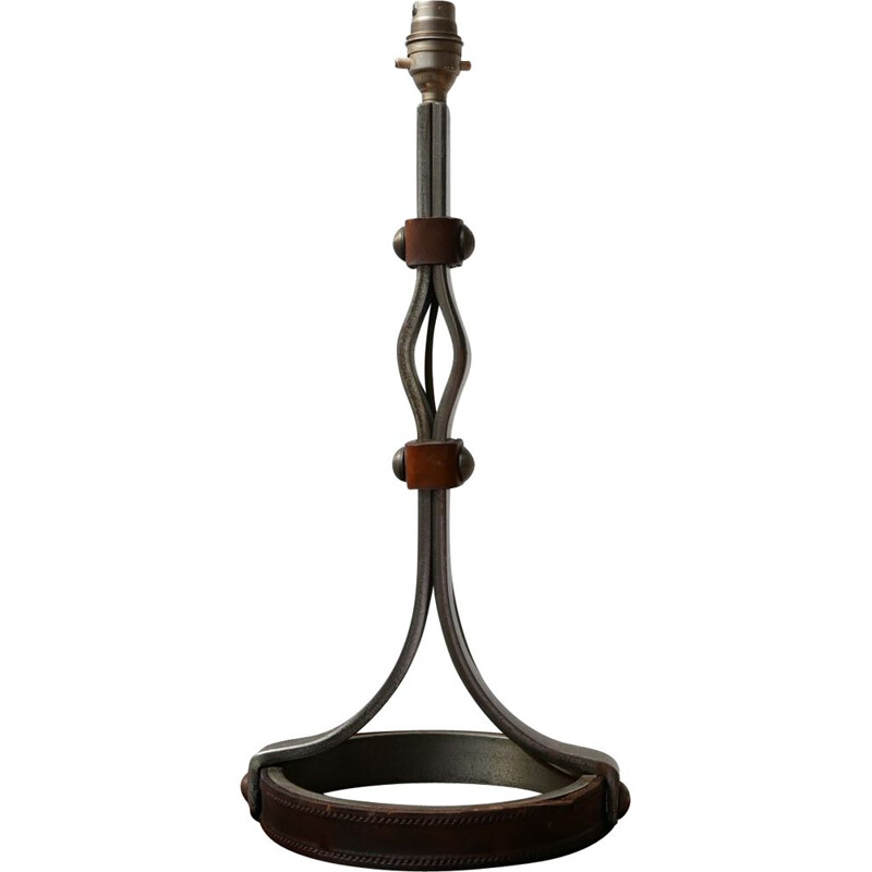 Lámpara de mesa vintage de cuero y hierro de Jean-Pierre Ryckaert, Francia 1950