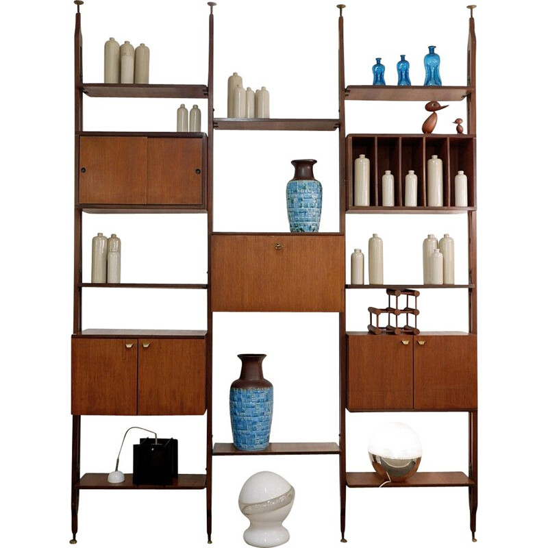 Vintage floor-to-ceiling wall unit in teak and brass, Italy 1950s