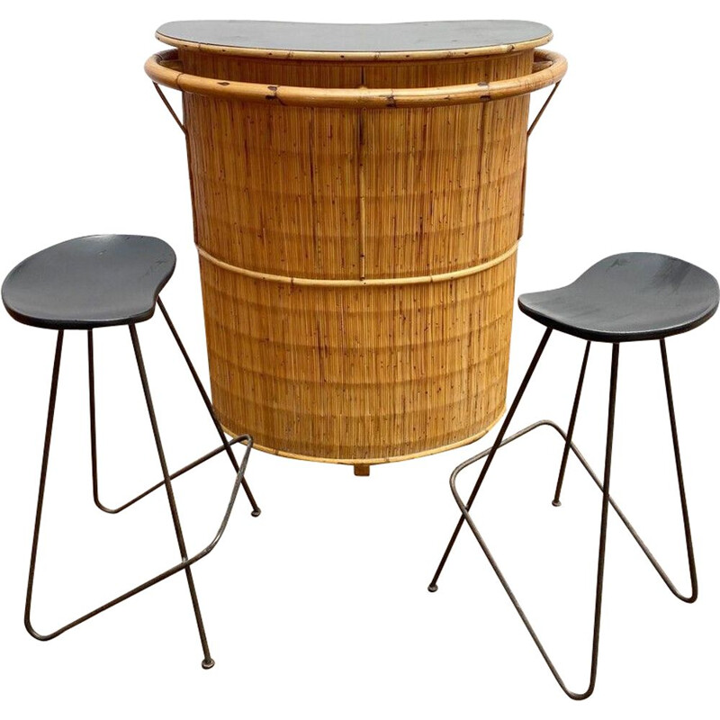 Vintage bamboo bar set and 2 high stools, 1960s
