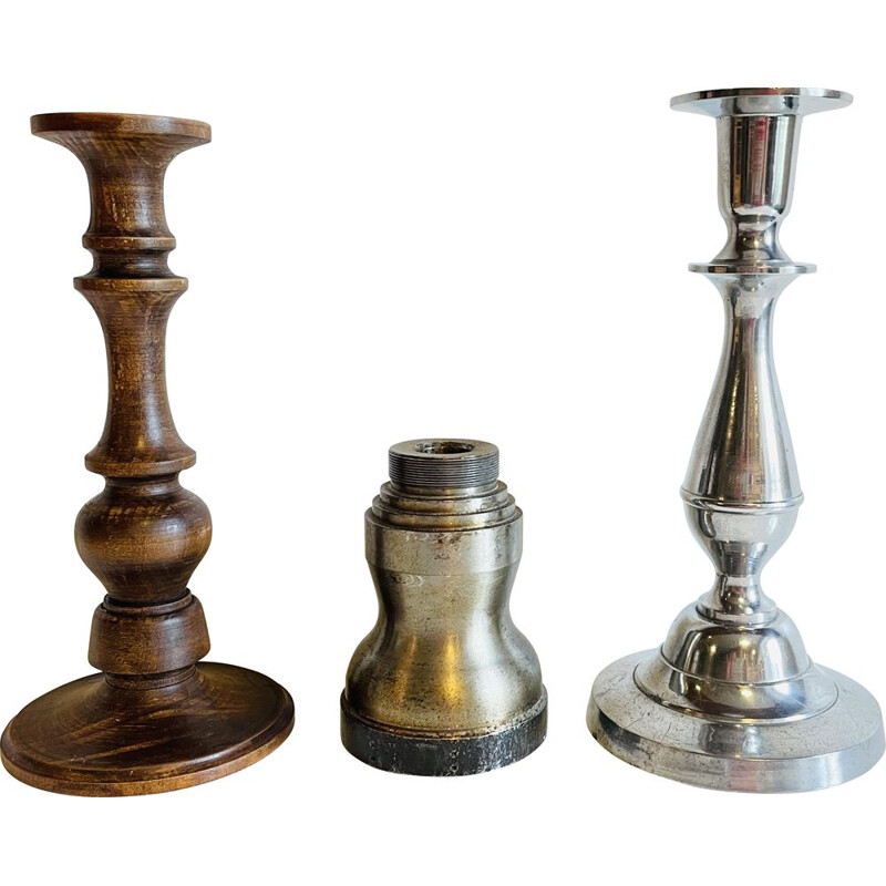 Set of 3 vintage wood and metal candlesticks