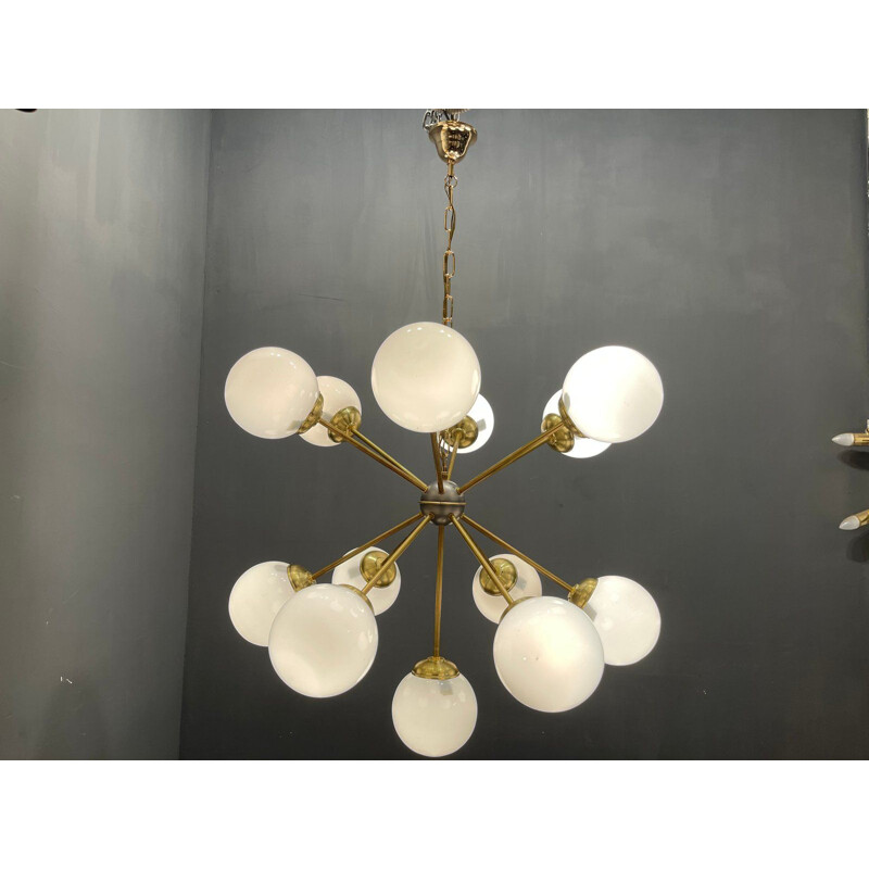 Vintage opaline glass & brass starburst sputnik chandelier with 13 lights