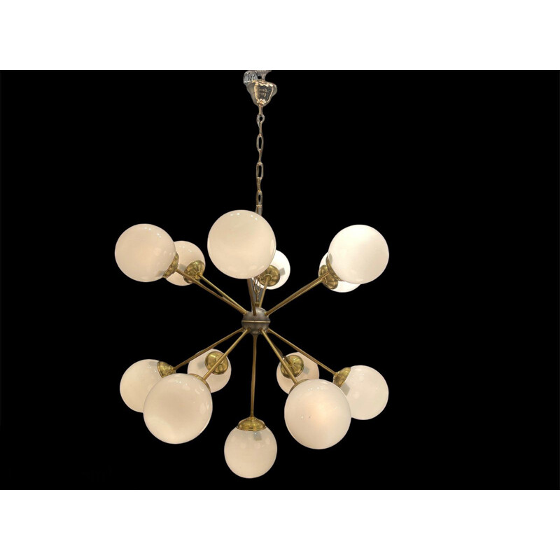 Vintage opaline glass & brass starburst sputnik chandelier with 13 lights