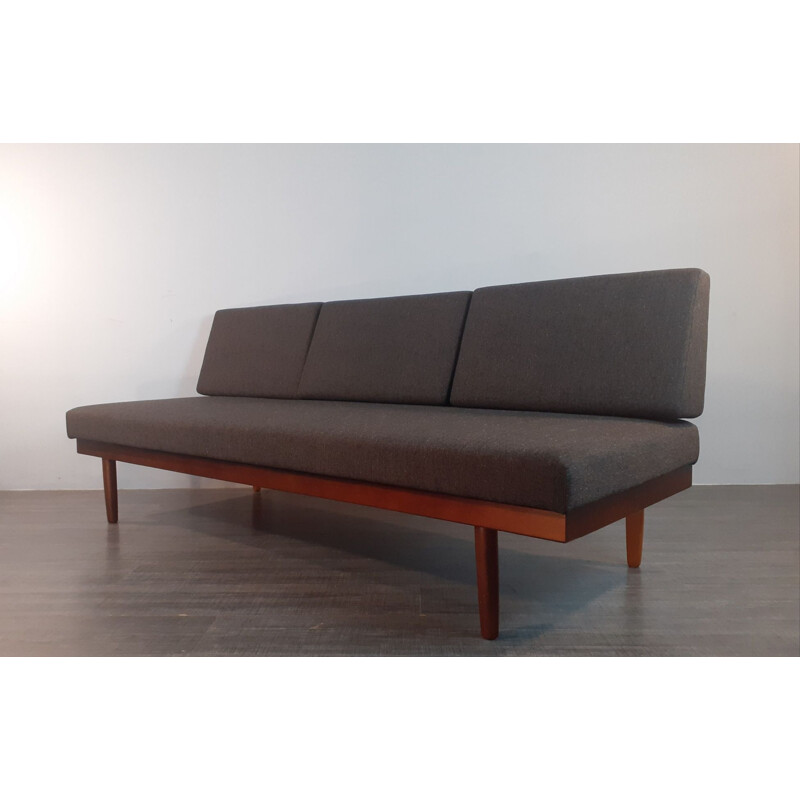 Teca vintage e sofá-cama de tecido antracite por Ingmar Relling for Ekornes, Noruega 1960