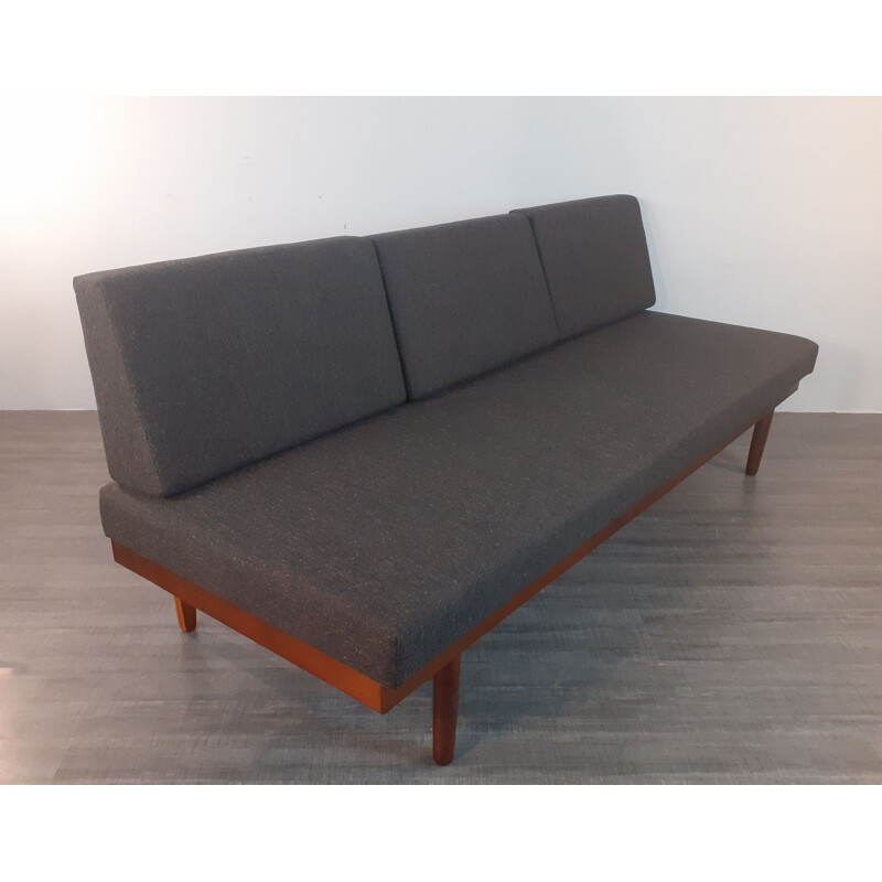 Teca vintage e sofá-cama de tecido antracite por Ingmar Relling for Ekornes, Noruega 1960