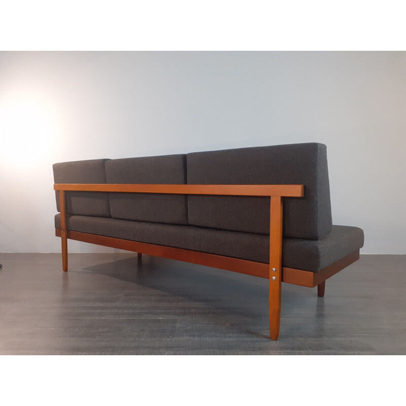 Teca vintage e sofá-cama de tecido antracite por Ingmar Relling for Ekornes, Noruega 1960
