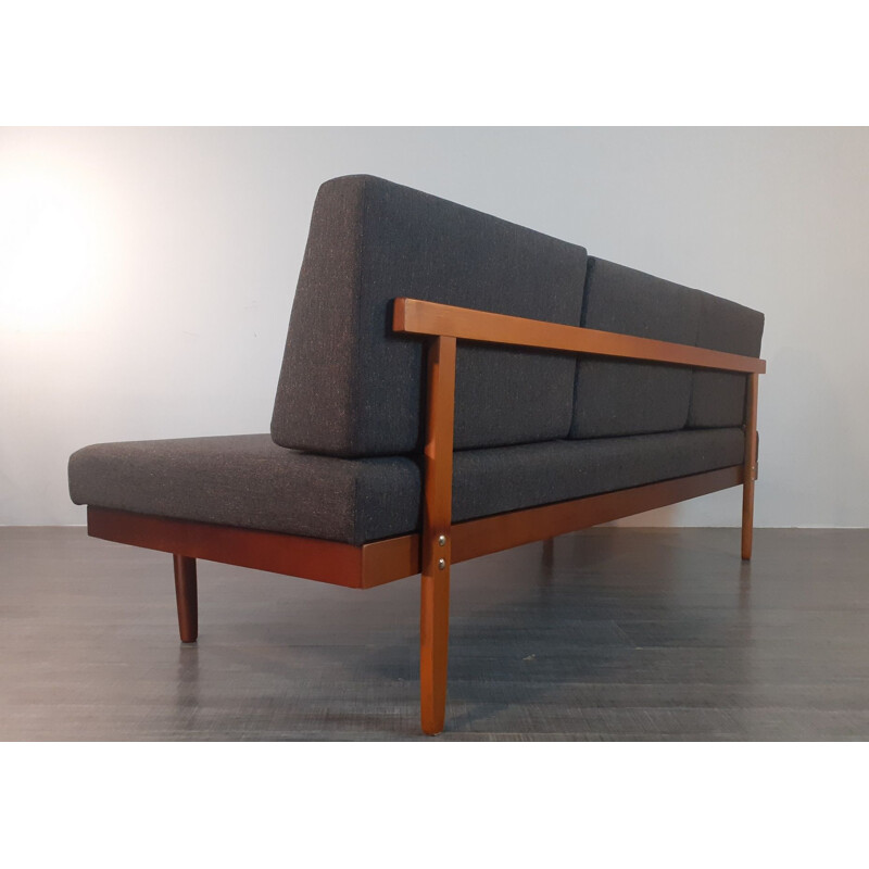 Teca vintage e sofá-cama de tecido antracite por Ingmar Relling for Ekornes, Noruega 1960