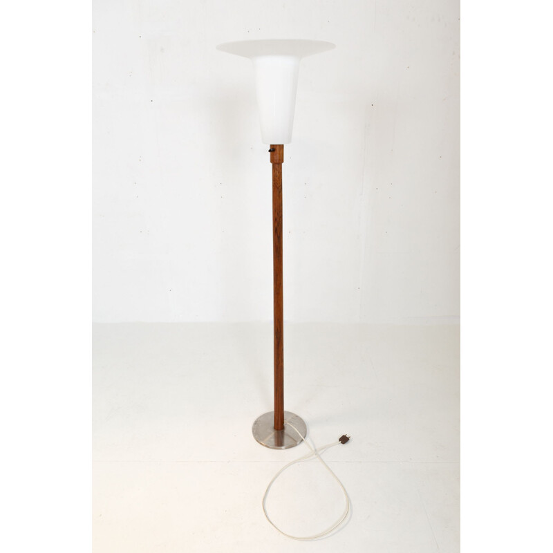 Vintage floor lamp in solid rosewood and white acrylic by Uno and Östen Kristiansson for Luxus, Sweden 1960