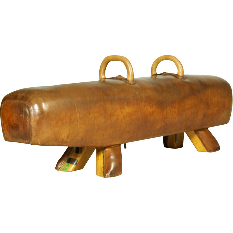 Vintage leather bench with handles, 1930s