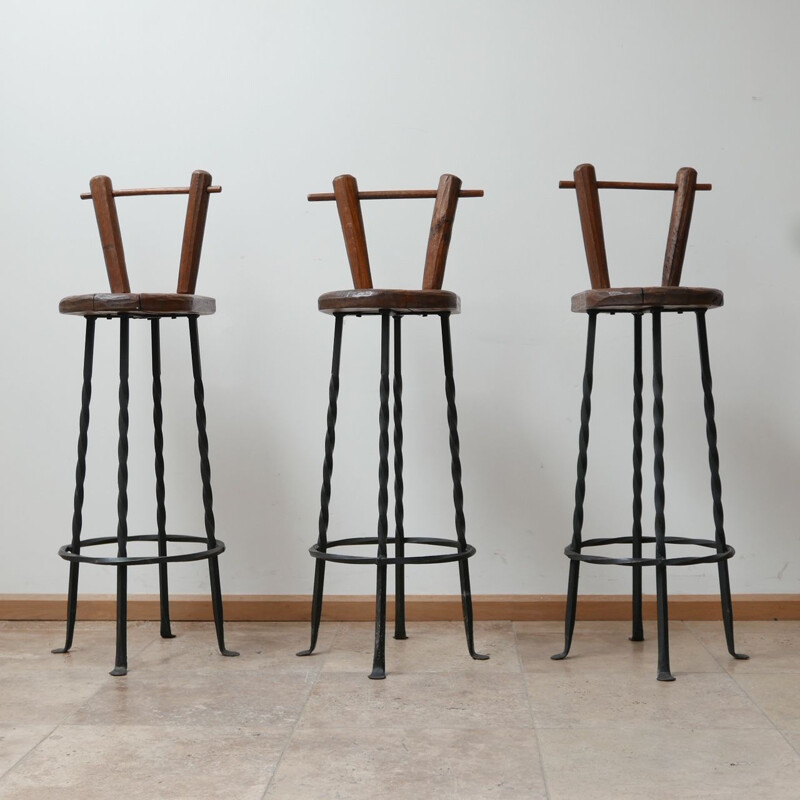 Set of 3 mid-century Brutalist iron bar stools, Belgium 1970s