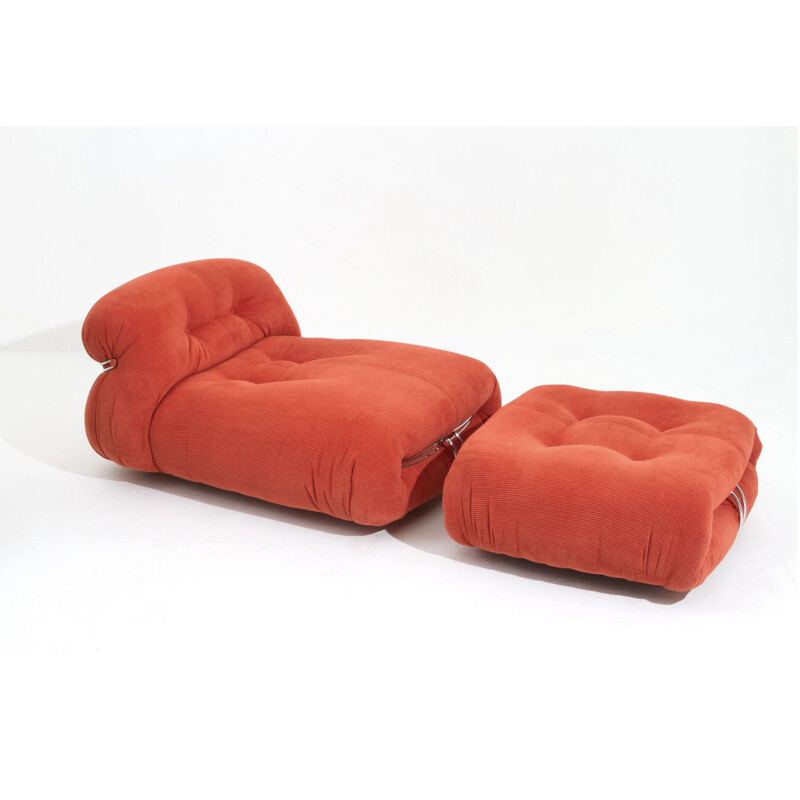 Mid century "Soriana" lounge chair with ottoman in red corduroy by Afra & Tobia Scarpa, 1969
