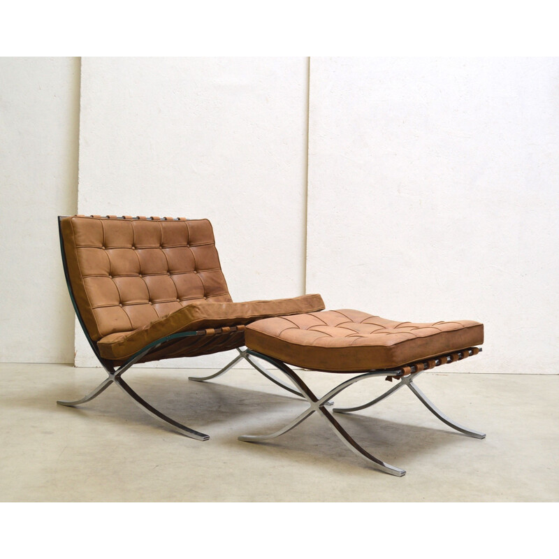 Vintage Barcelona armchair and ottoman by Mies v.d. Rohe for Knoll, 1950s