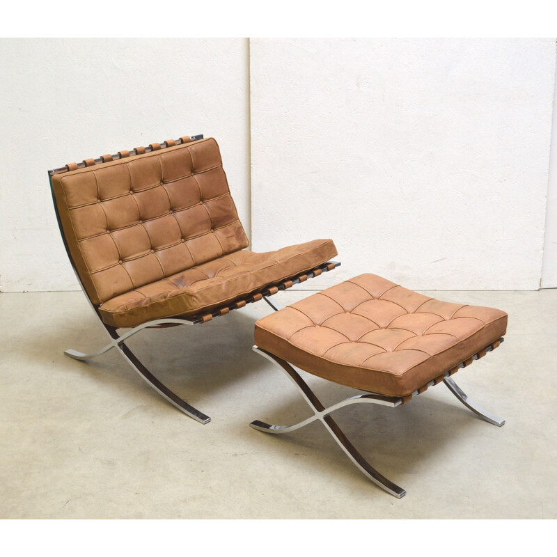 Vintage Barcelona armchair and ottoman by Mies v.d. Rohe for Knoll, 1950s