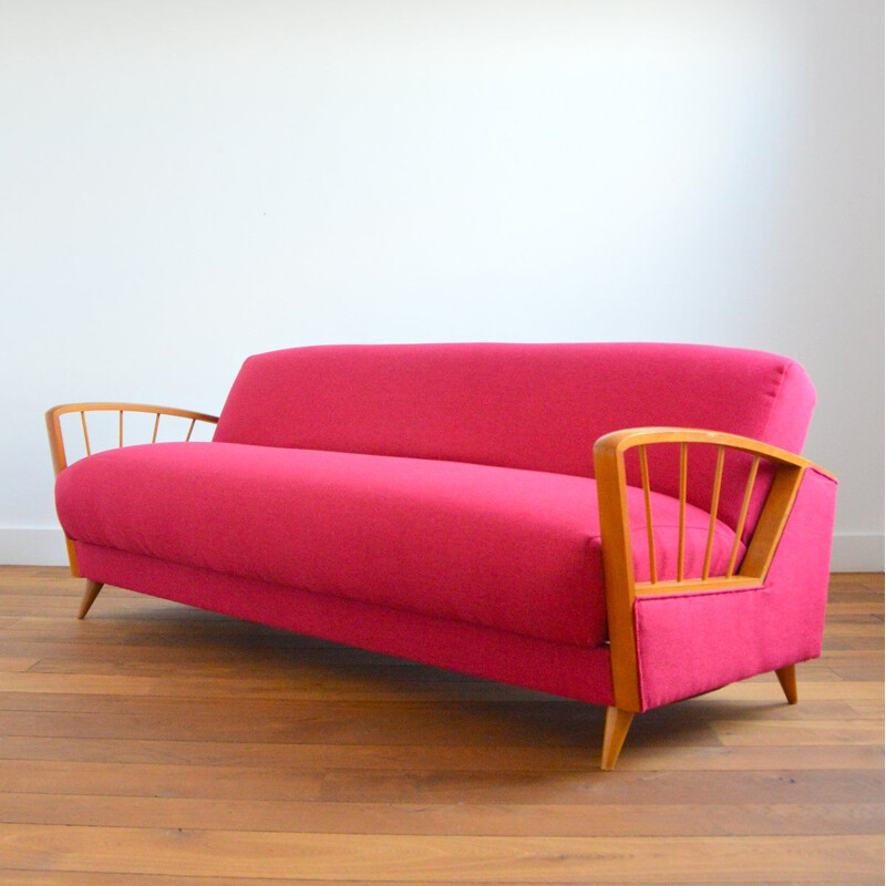 Canapé-lit vintage en bois de hêtre et tissu rose, 1950-1960