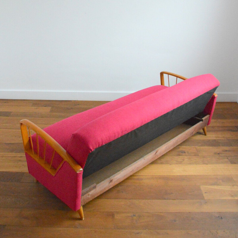Vintage beechwood and pink fabric sofa bed, 1950-1960