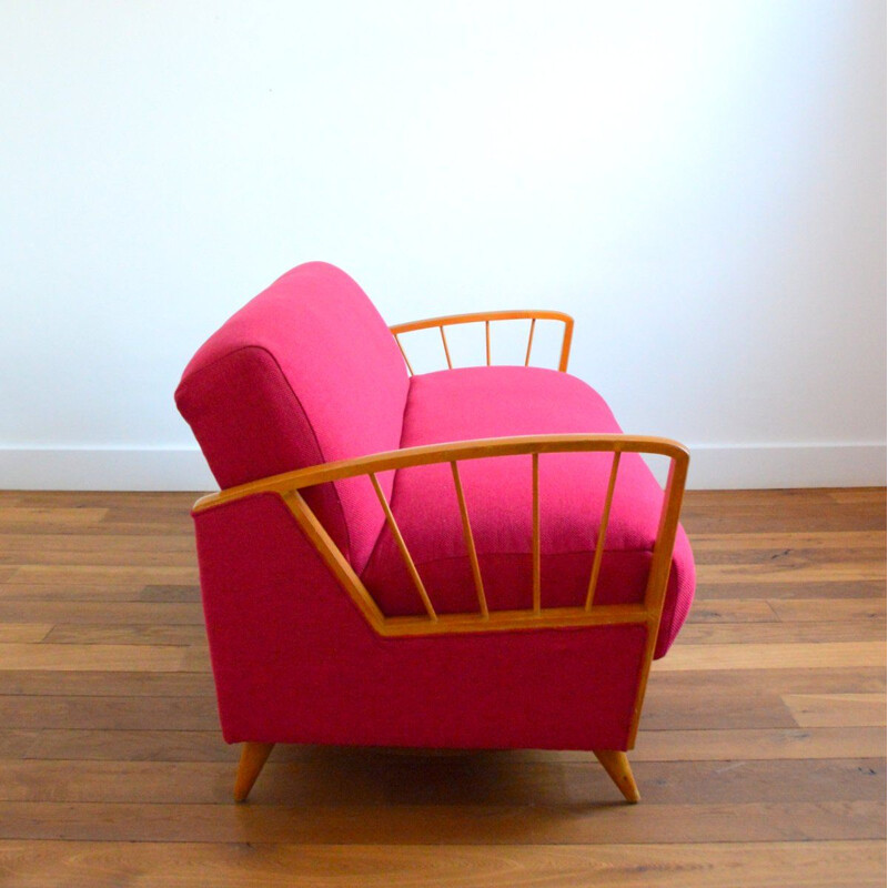 Vintage beechwood and pink fabric sofa bed, 1950-1960